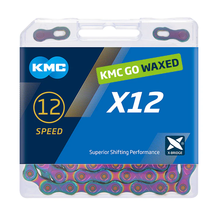 Цепь KMC X12 Aurora Blue 12 скоростей, 126 звеньев + замок Waxed (смазка KMC GO WAX)